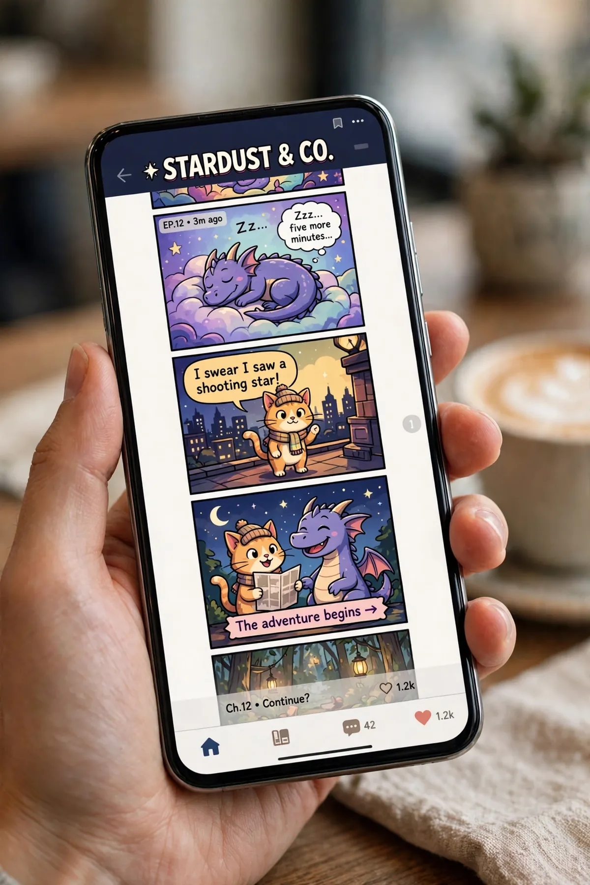 A hand holding a smartphone showing a vertical scrolling webcomic with stacked colorful panels