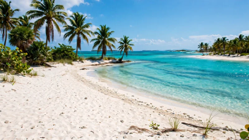 Türkiz karibi tenger és fehér homokos strand pálmafákkal a Turks- és Caicos-szigeteken.