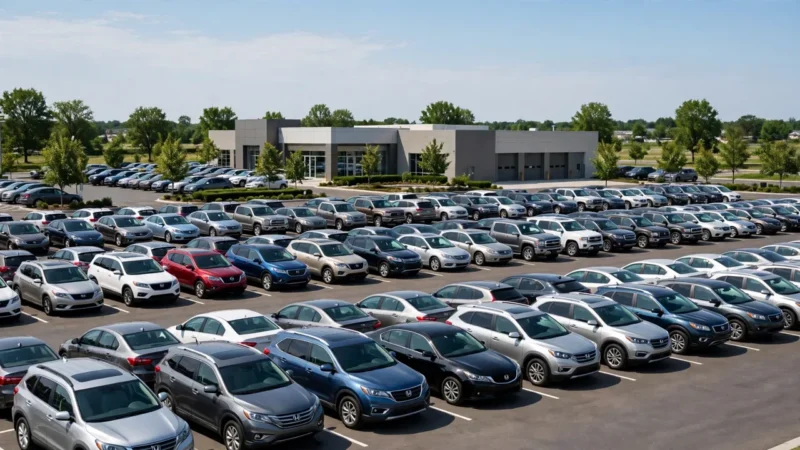 A used car dealership lot with rows of cars in daylight.