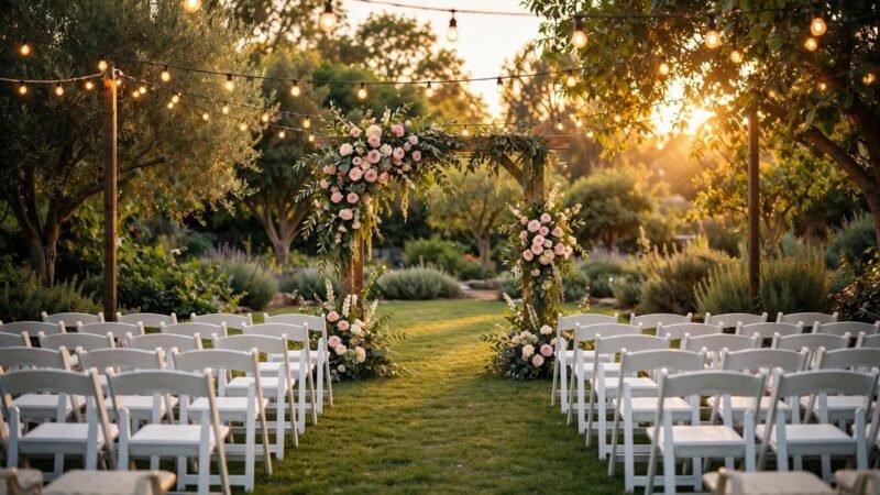 A beautiful outdoor wedding ceremony setup with white chairs, a floral arch, and string lights in a garden at golden hour.