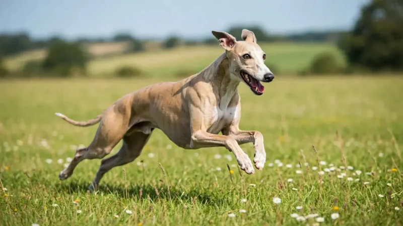 A fawn whippet sprinting across a grassy field, showing the breed's athletic build and speed.