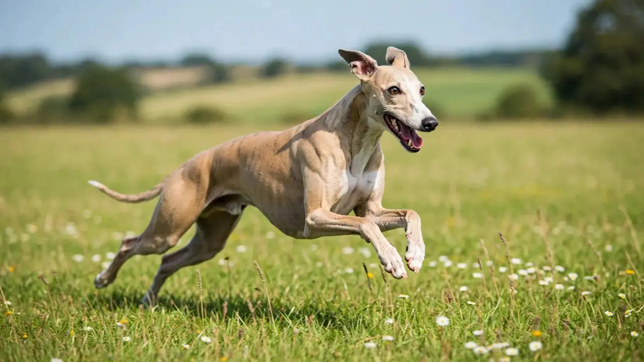 A fawn whippet sprinting across a grassy field, showing the breed's athletic build and speed.