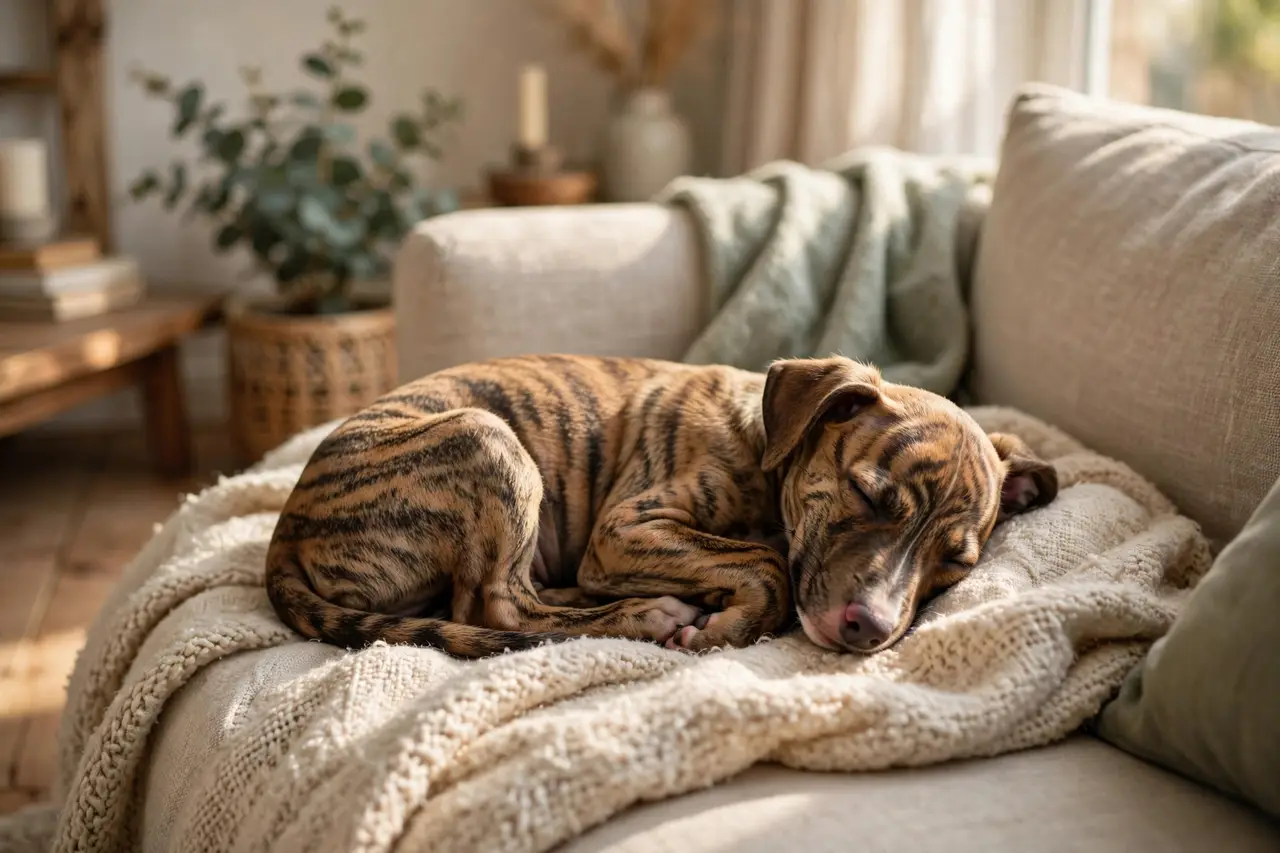 A brindle whippet puppy curled up asleep on a sofa blanket in a cozy living room.