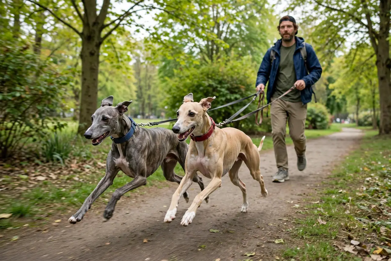 Two whippets running together on a park path while their owner walks behind them.